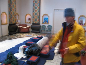 Joshua Mulder preparing to install the Vajradhara thangka at the Great Stupa of Dharmakaya