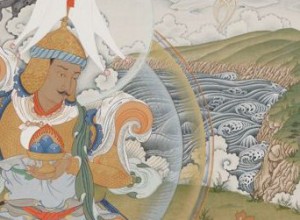The cliffs of Cape Breton rise behind the Rigden King in this detail of a thangka by Gregory Smith.  Photo courtesy of Gampo Abbey.
